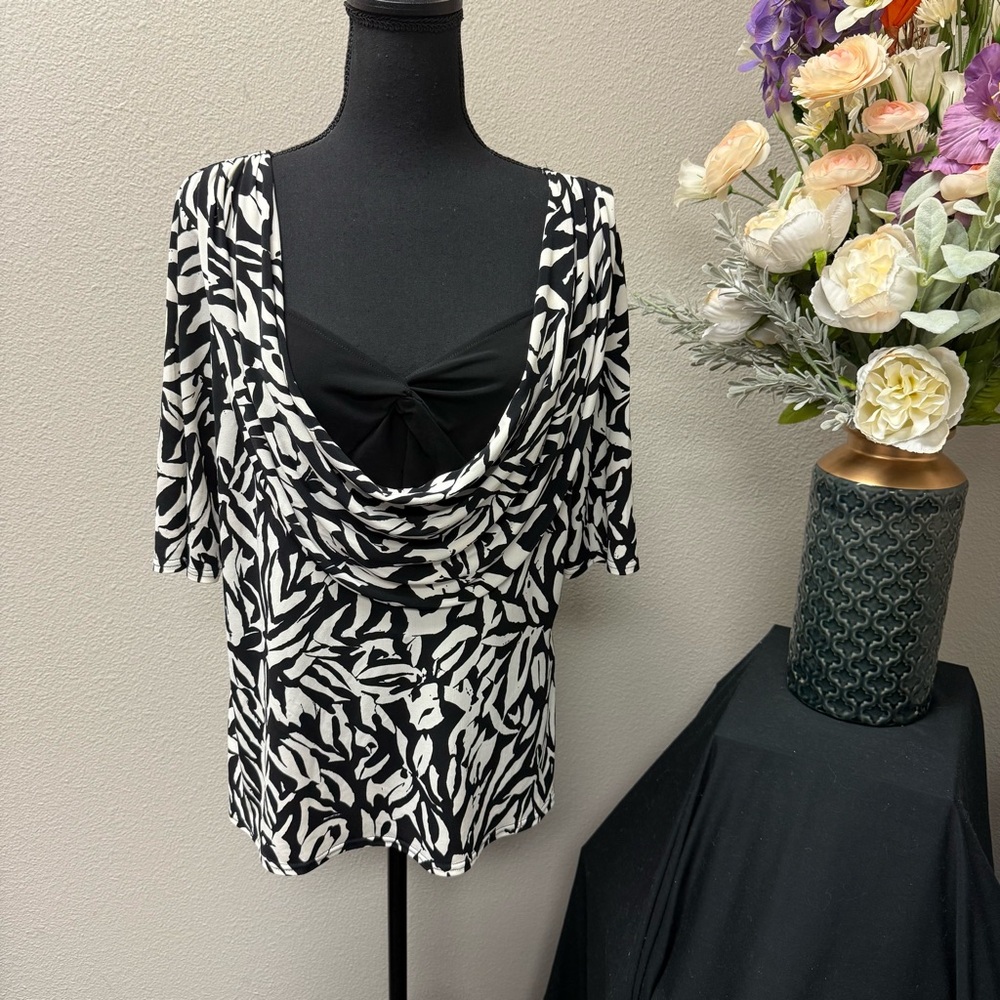 August Silk Black White Cowl Neck Print Top w/ Built-In Camisole L